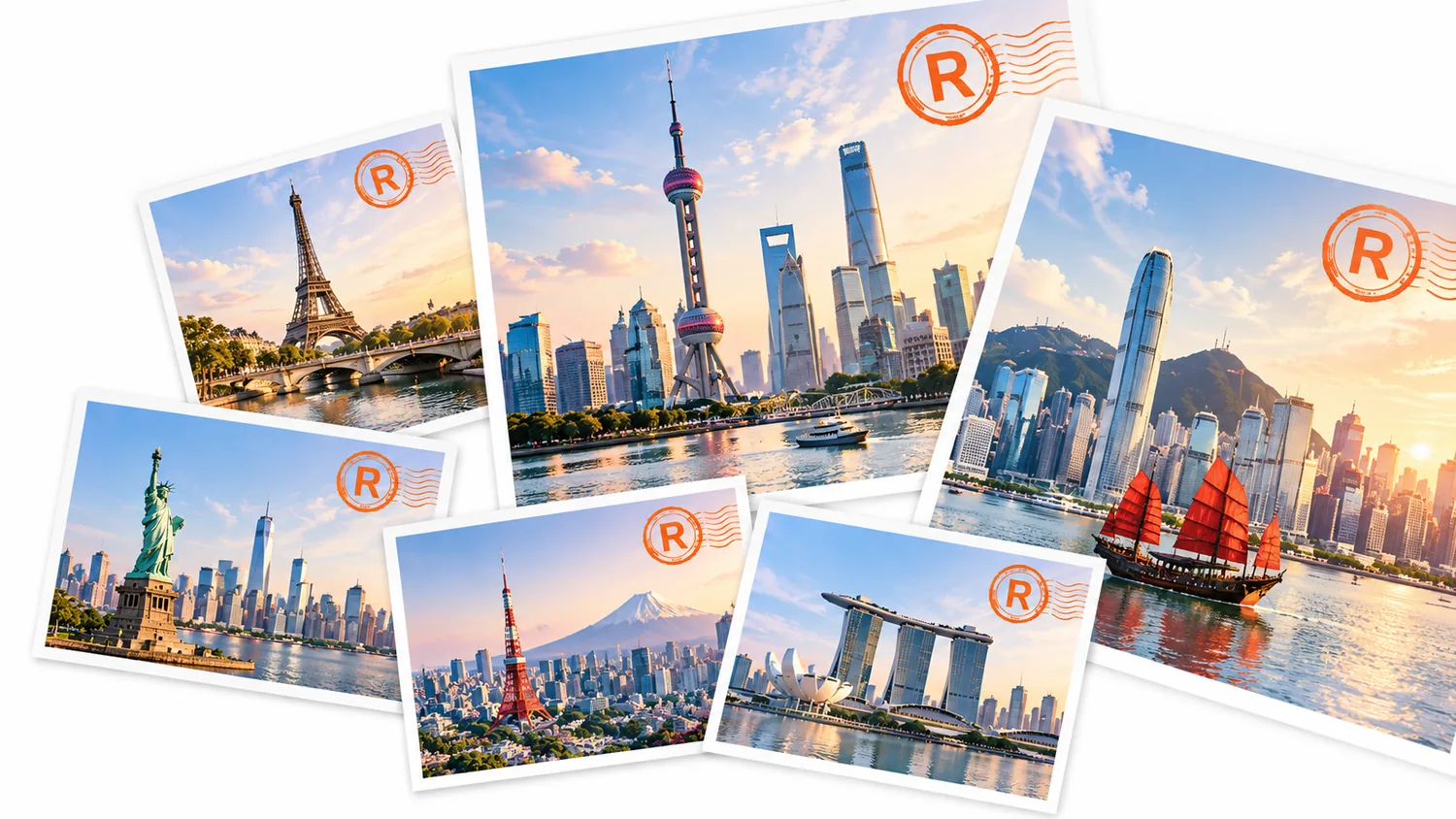 全球多个城市与商标注册标记组成的品牌出海图景